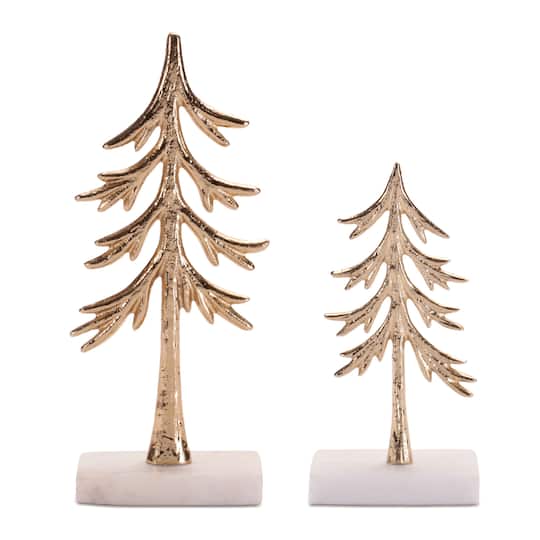 Melrose Gold Modern Metal Trees Sculptures on Marble Bases Set